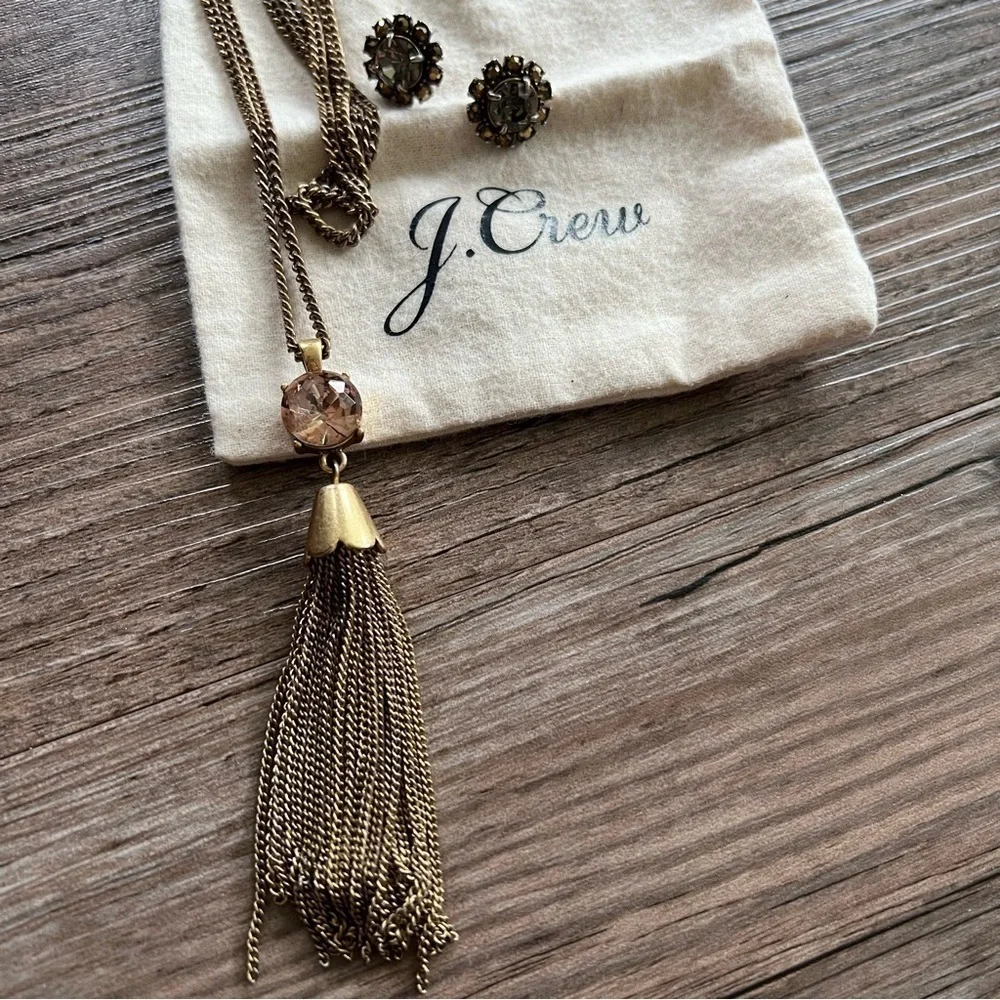 J. Crew Gold Gem Tassel Necklace & Stud Rhinestone Earring Set